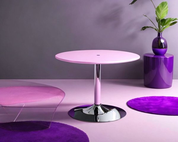 Modern Room with Pink and Chrome Table, Transparent Chair, Purple Vase, and Rug