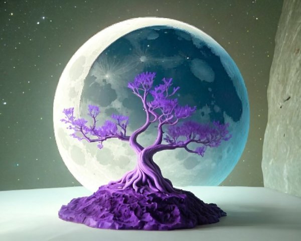 Vibrant purple tree with swirling trunk in barren landscape with detailed moon and stars