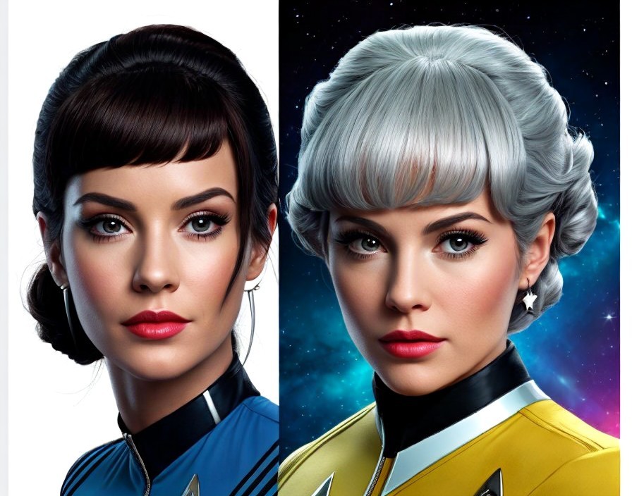Stylized portraits of futuristic space officers with distinct hairstyles and uniforms against a starry backdrop