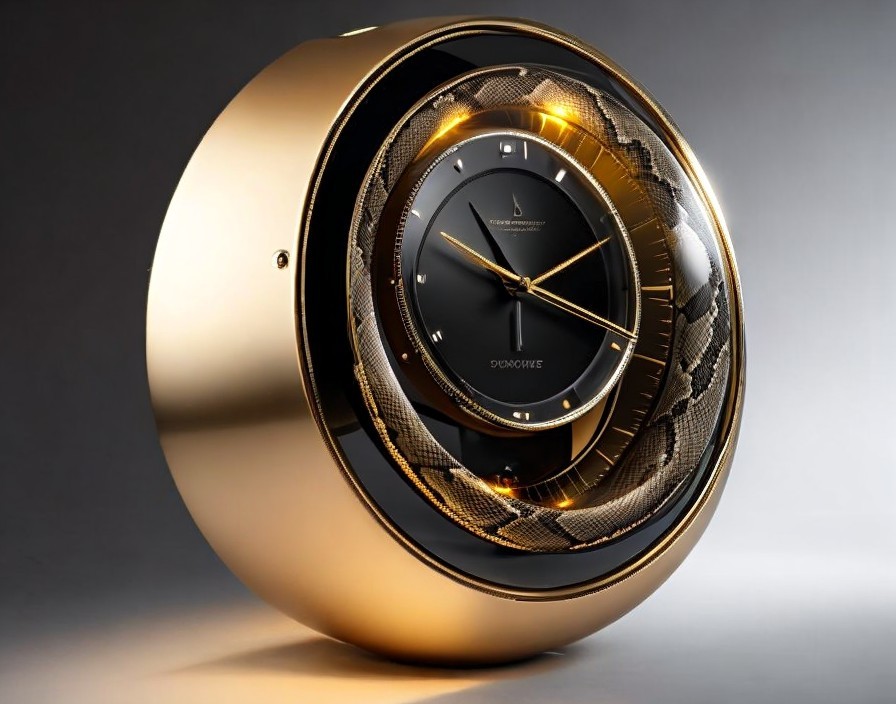 Round Gold Watch with Black Face and Illuminated Side - Elegant Hands and Logo at 12 o'clock
