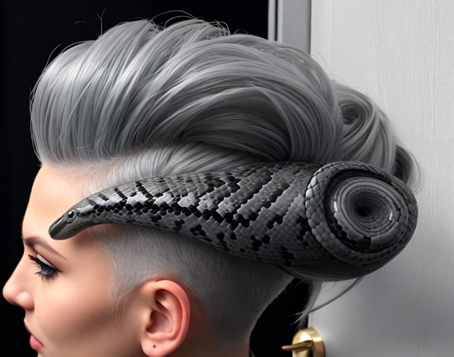 Coiled snake hairstyle with silvery-gray hair and textured scales