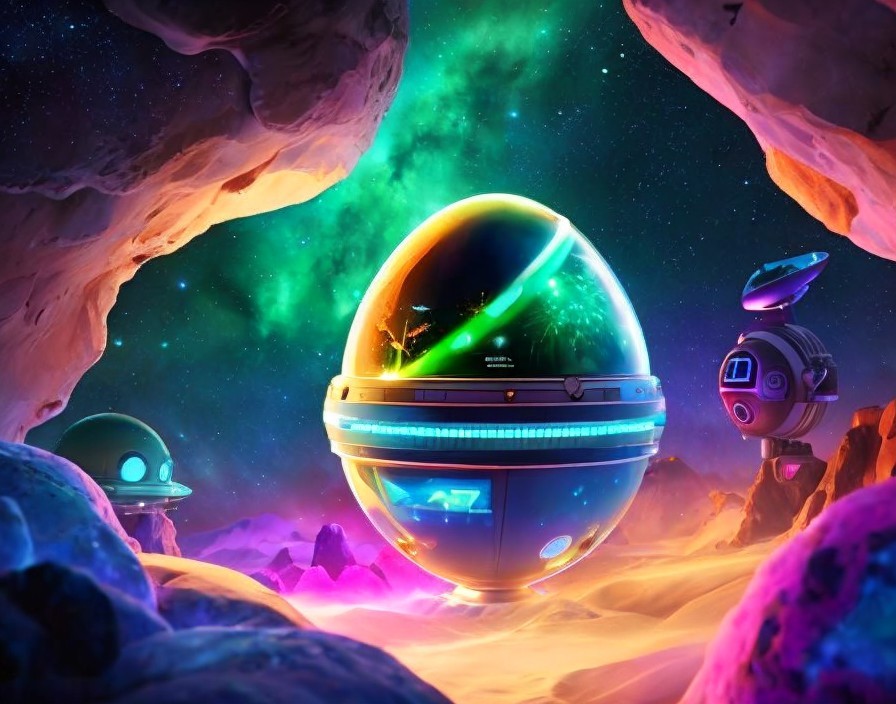 Vibrant sci-fi illustration: large orb, space battle, robot, cosmic background.