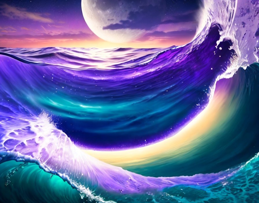 Digital artwork: Massive wave under purple sky with moon - fantasy ocean scene