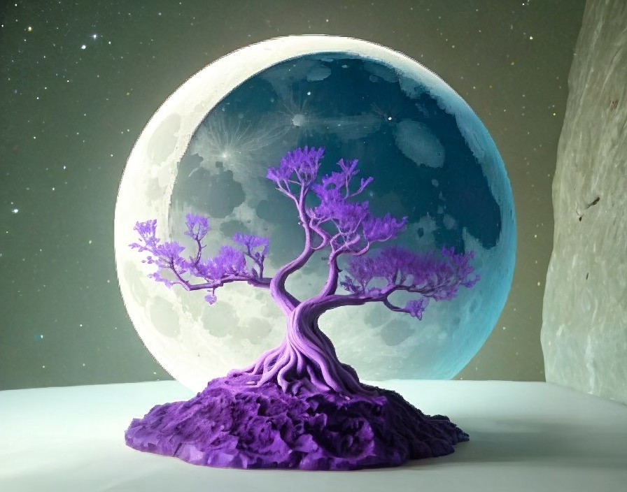 Vibrant purple tree with swirling trunk in barren landscape with detailed moon and stars