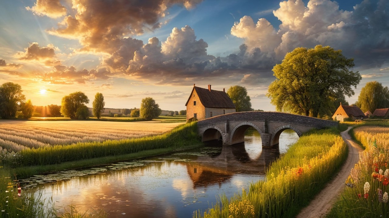 Serene River Landscape with Stone Bridge and Fields
