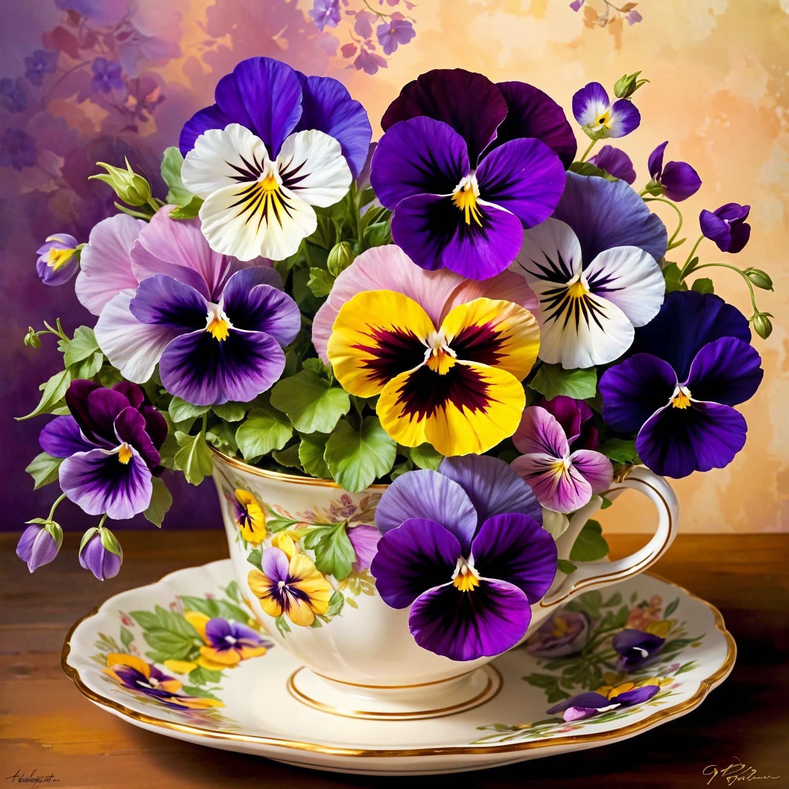 Vibrant Pansy Bouquet in Porcelain Teacup Arrangement