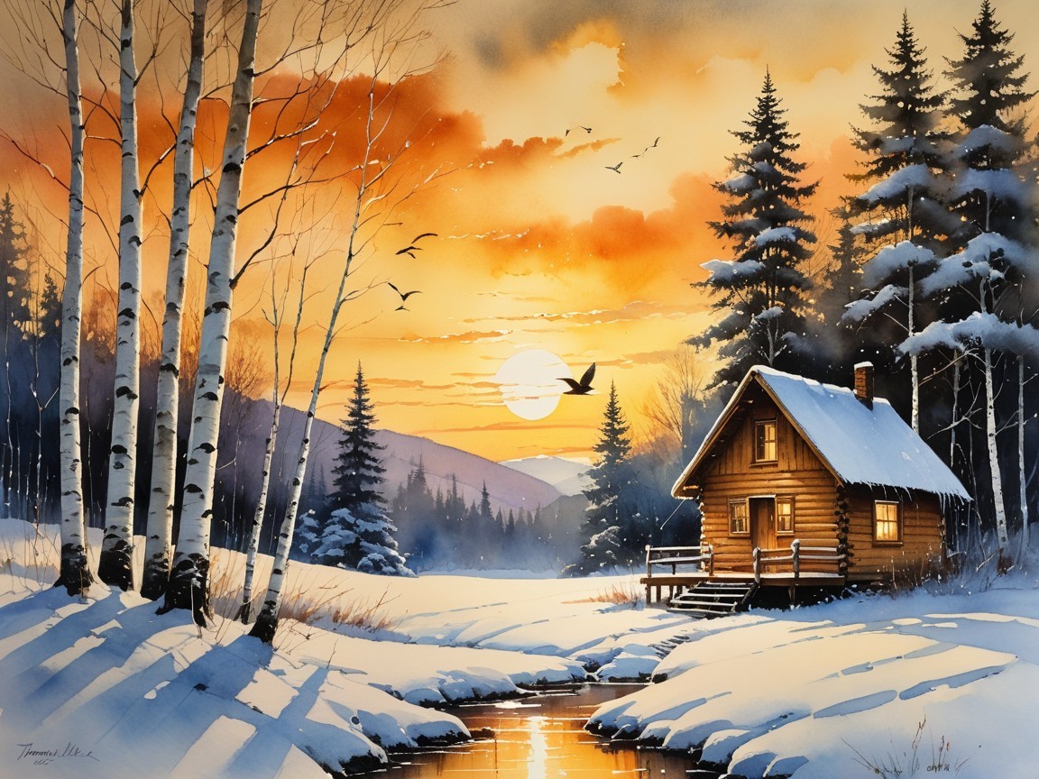 Cozy Cabin in a Serene Winter Landscape at Sunset
