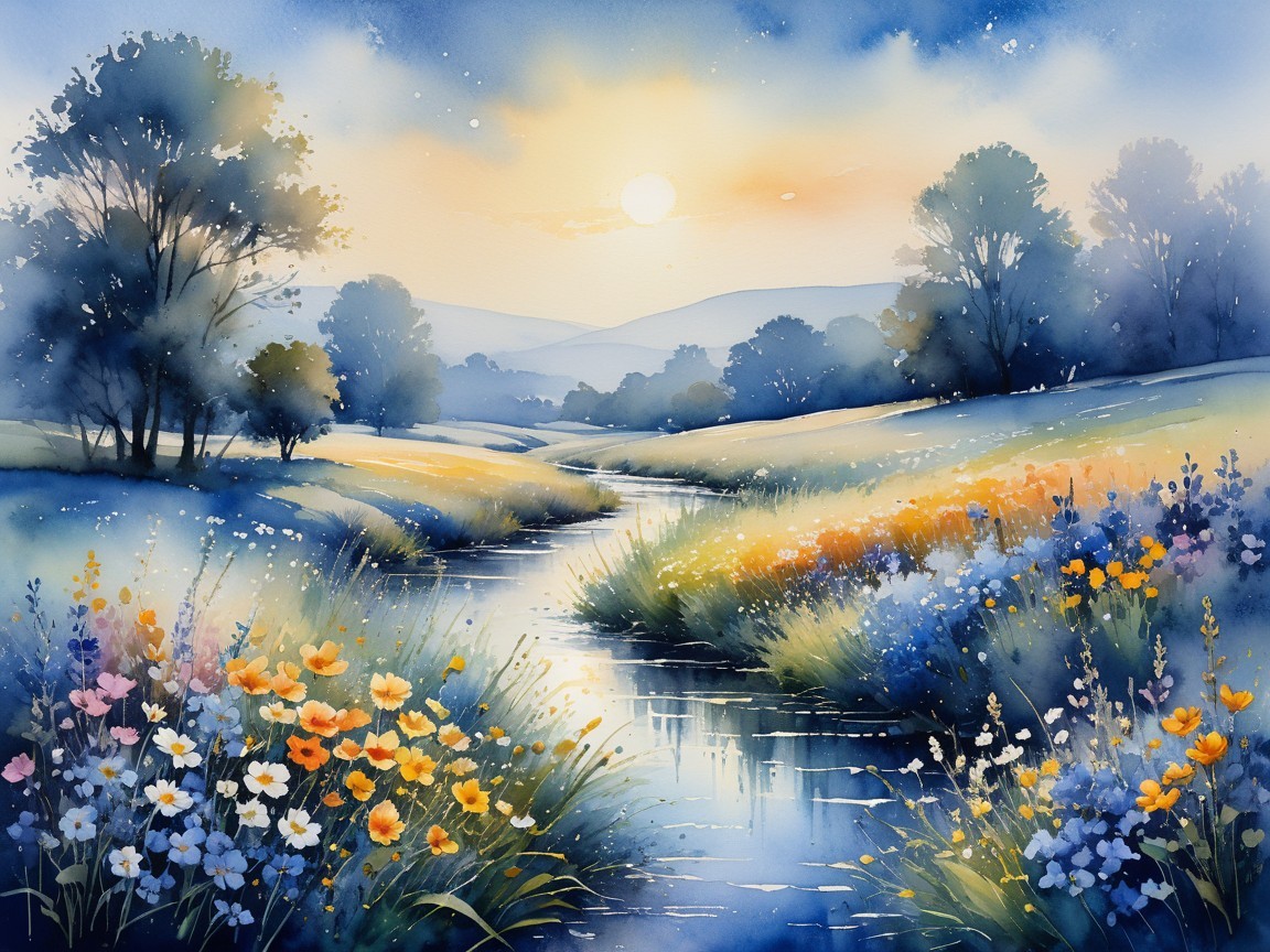 Serene Landscape with River and Vibrant Meadows