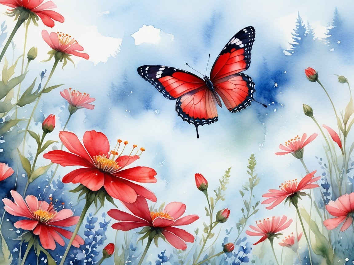 Vibrant Watercolor of Butterfly Over Blooming Flowers