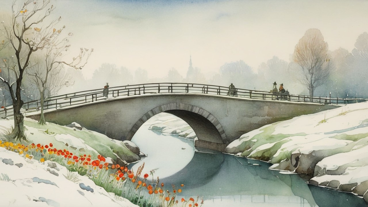 Winter Scene with Stone Bridge Over Calm River