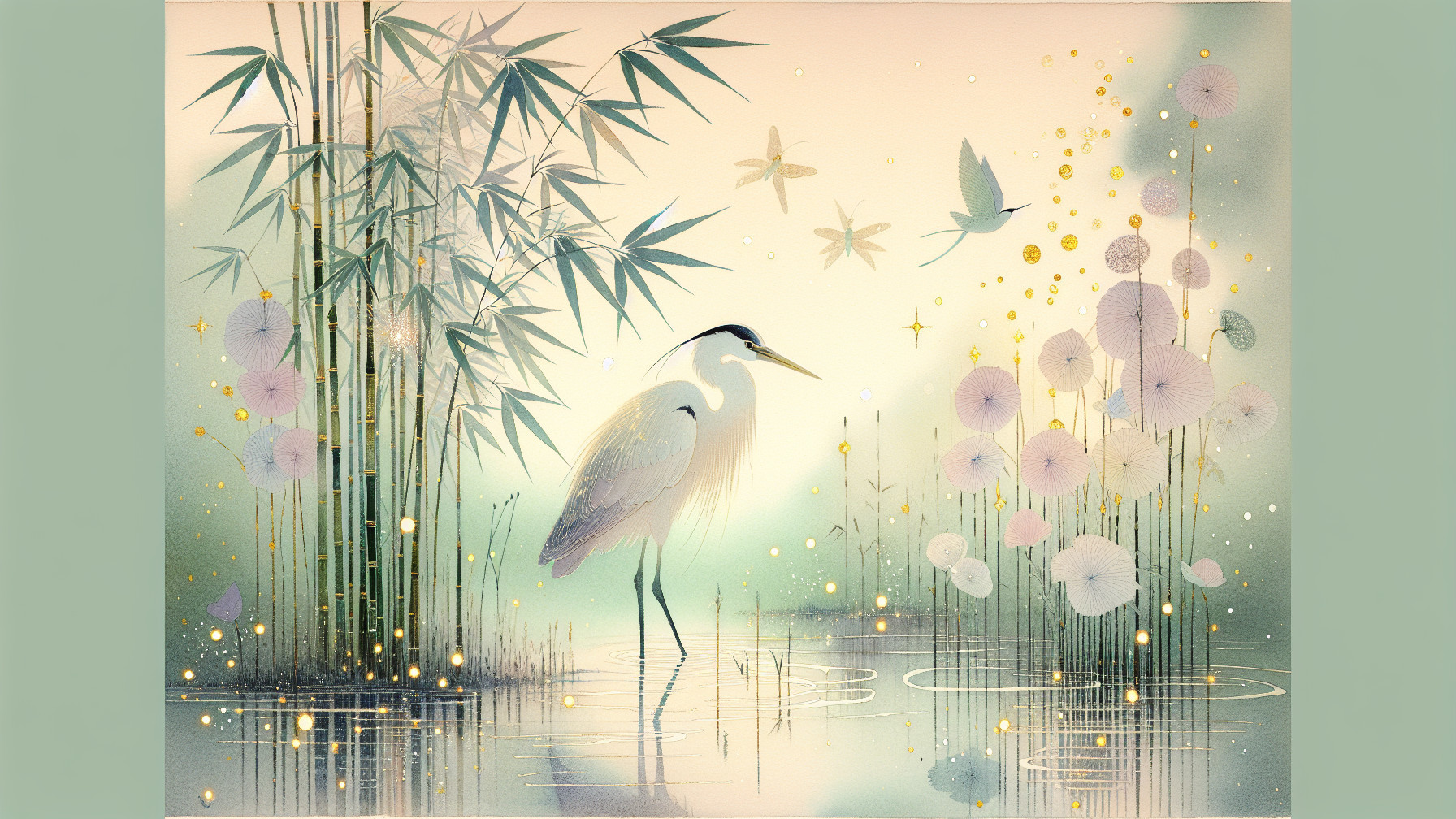 Serene Landscape with Heron and Bamboo Stalks