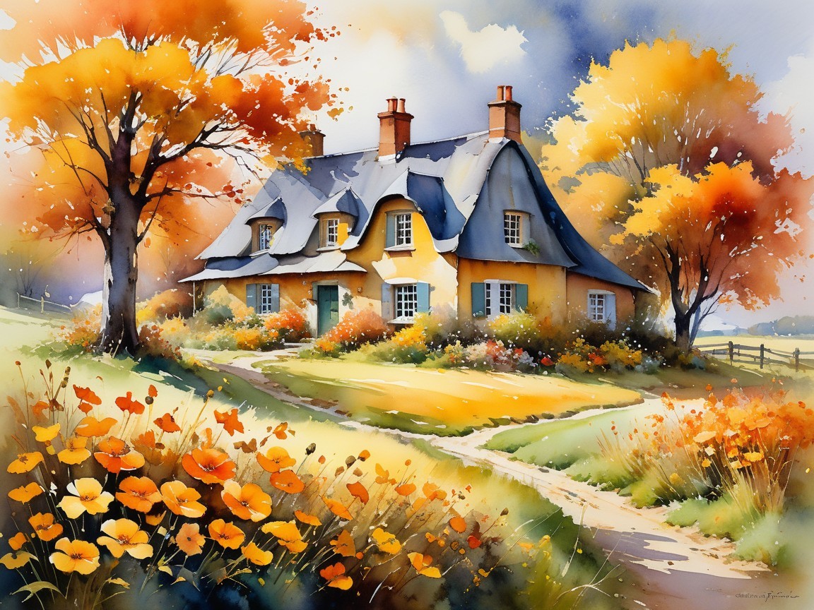Cottage in Autumn Landscape with Colorful Foliage