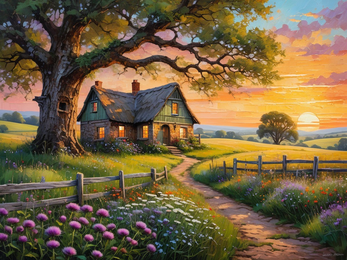 Rustic Cottage Surrounded by Wildflowers at Sunset