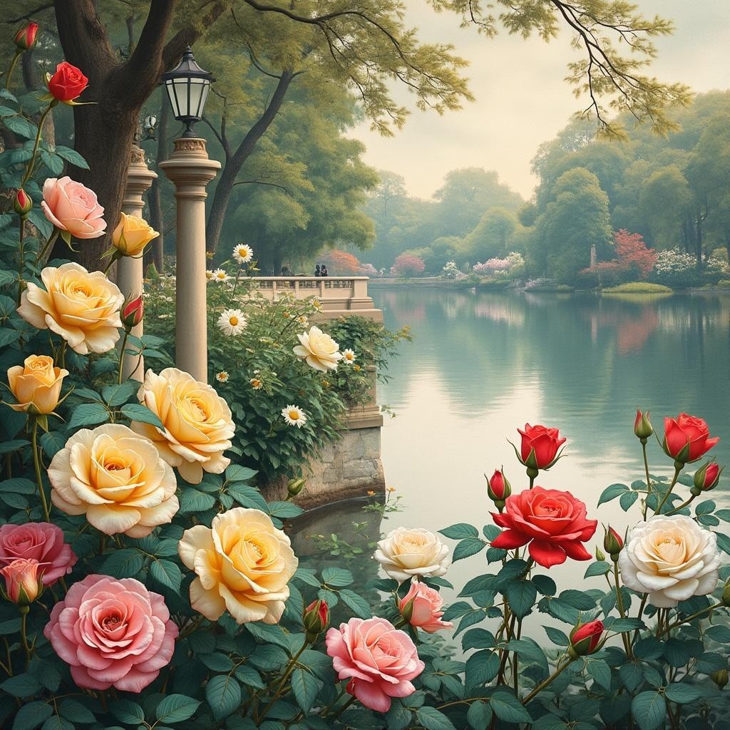 Lakeside Scene with Vibrant Roses and Lush Greenery