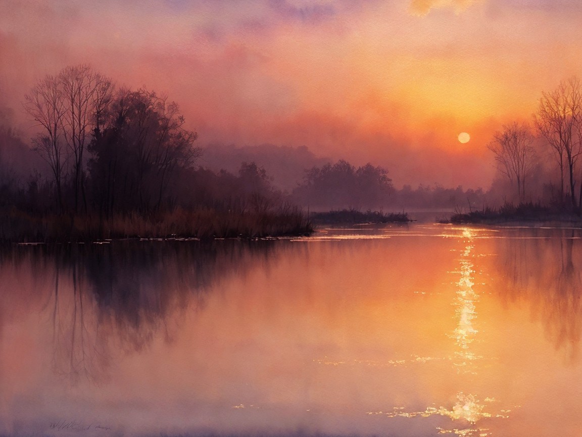 Serene Dawn Landscape with Tranquil Lake and Mist