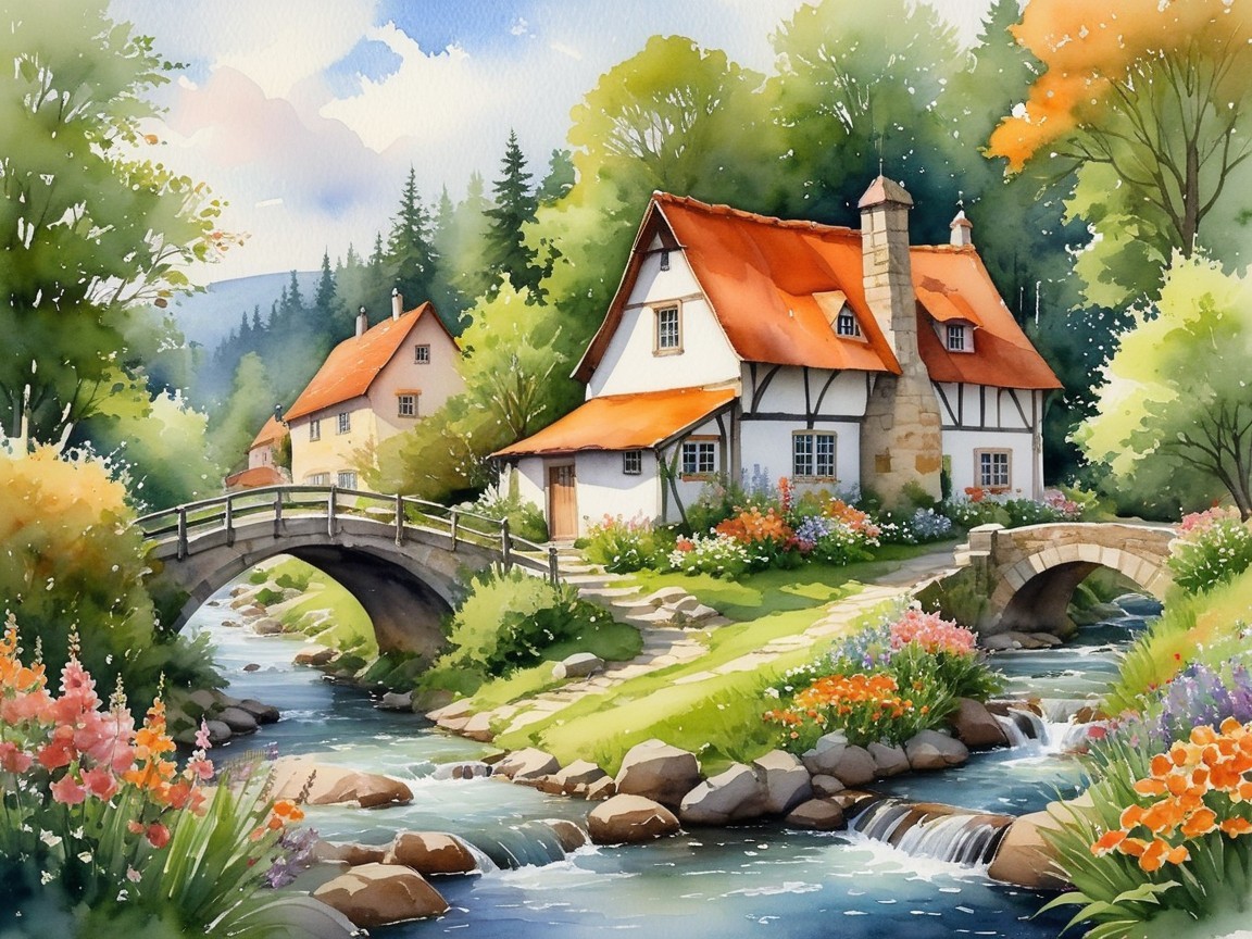 Charming Cottages in a Serene Countryside Scene
