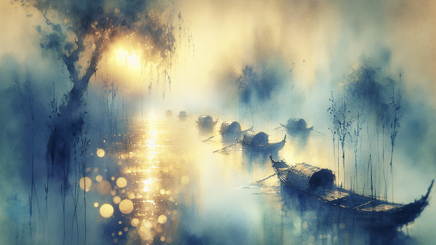 Watercolor Landscape of a Tranquil River at Dawn