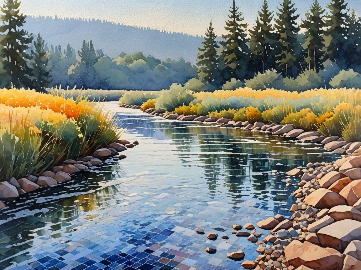 Watercolor Landscape of River and Lush Greenery
