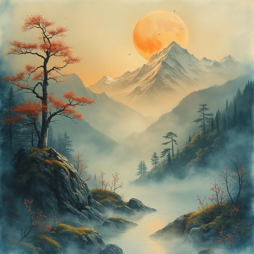 Serene Landscape with Mountains and Tranquil River