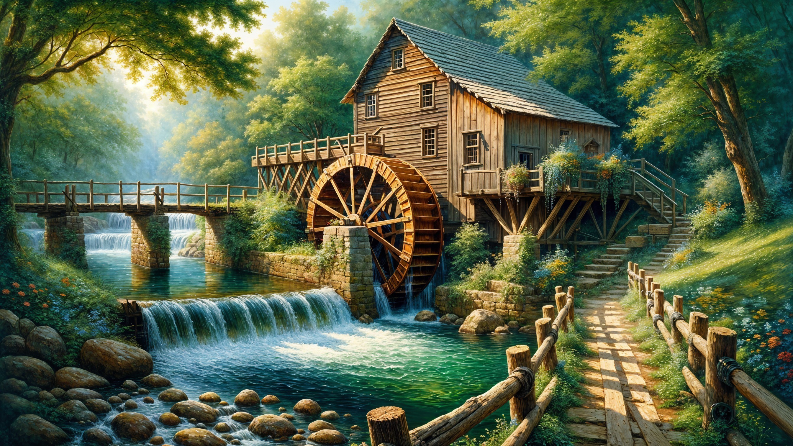 Classic Wooden Watermill by a Serene River Scene
