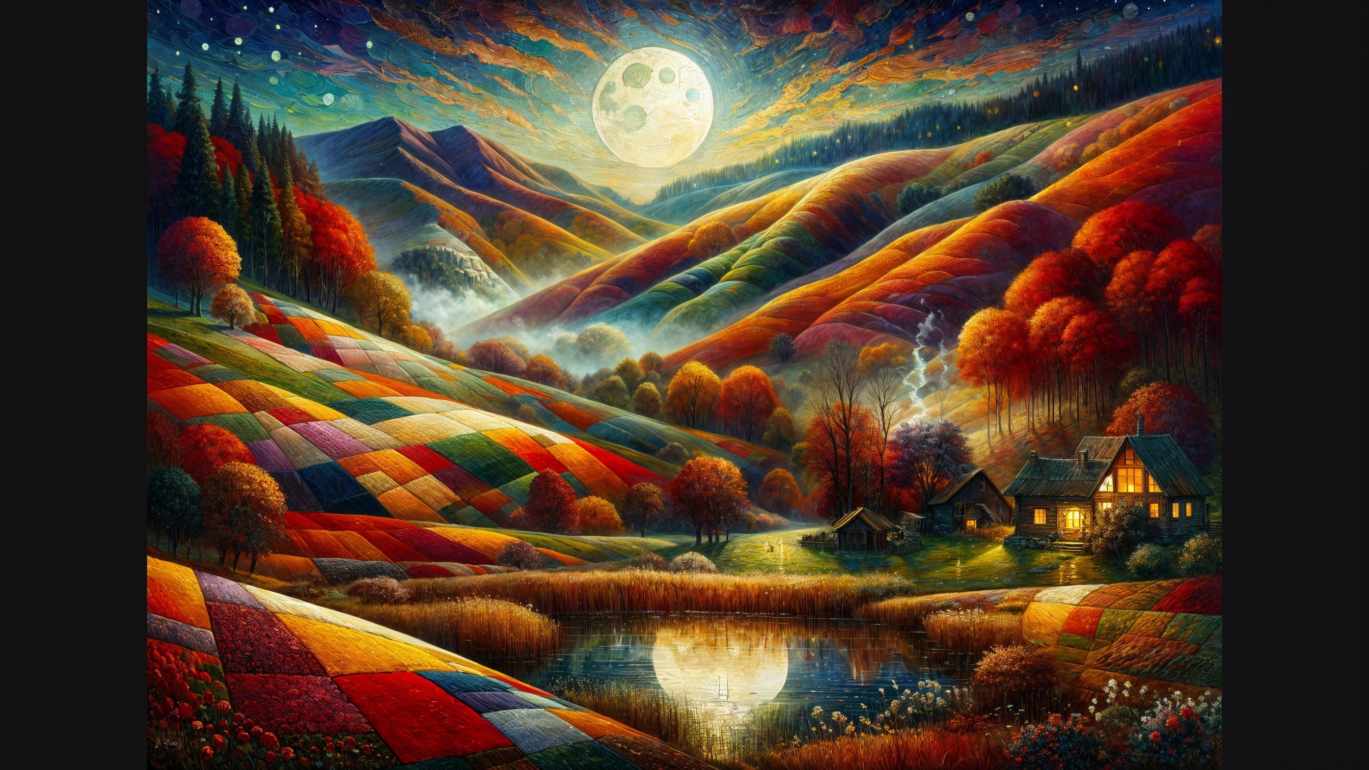 Vibrant Hills and Cozy Cabin Under Full Moonlight