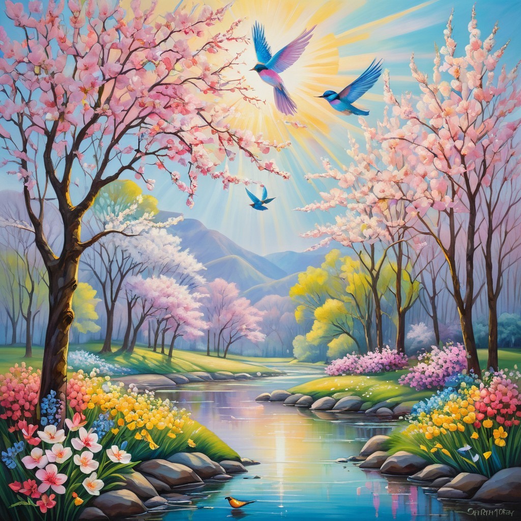 Vibrant Spring Landscape with Cherry Blossoms and River
