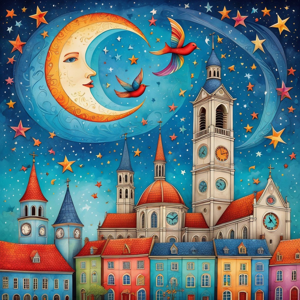 Whimsical Night Scene with Crescent Moon and Town