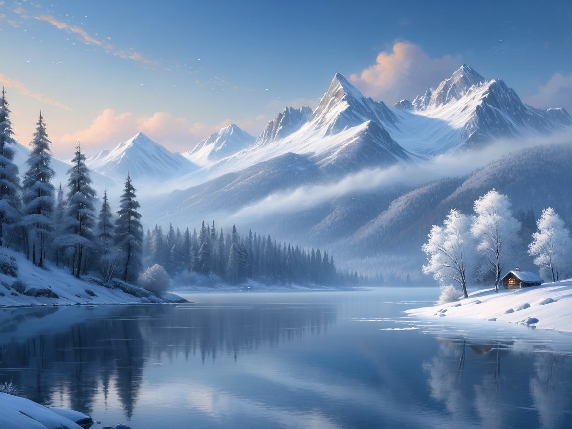 Serene Winter Landscape with Mountains and Cabin