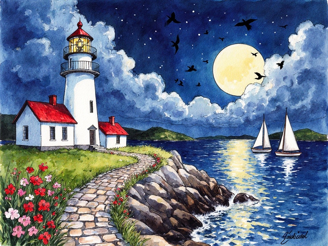 Coastal Scene with Lighthouse and Moonlit Water