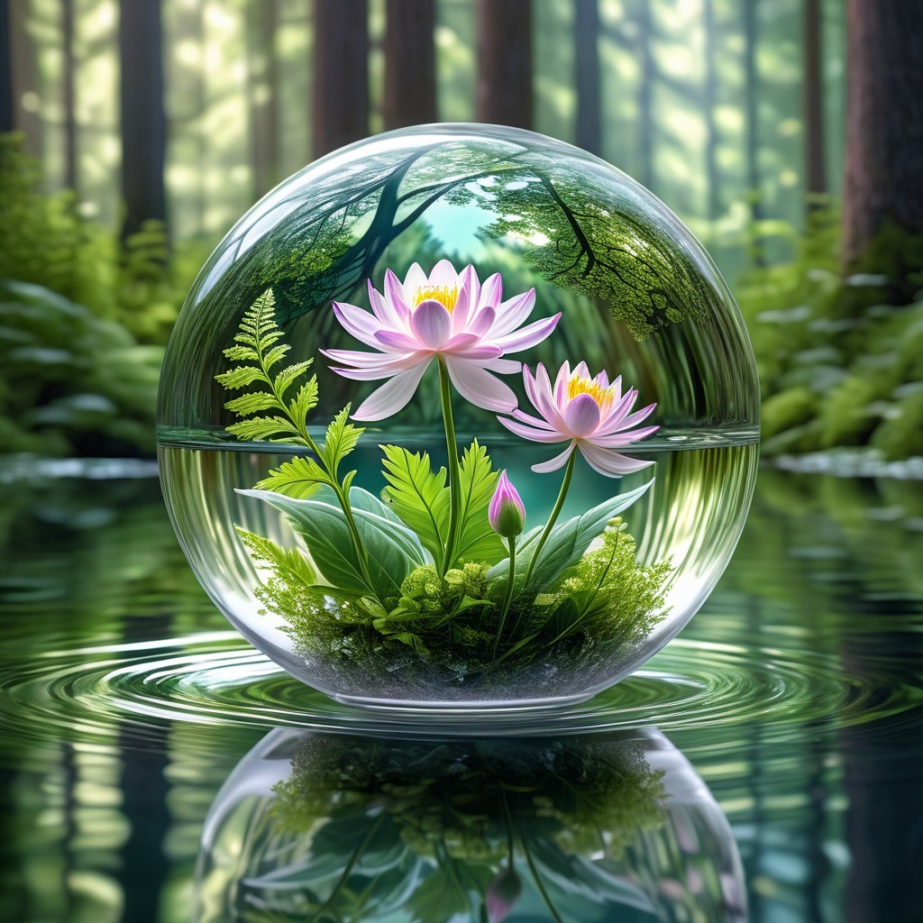 Lotus Flowers in a Dome Over Tranquil Water Scene
