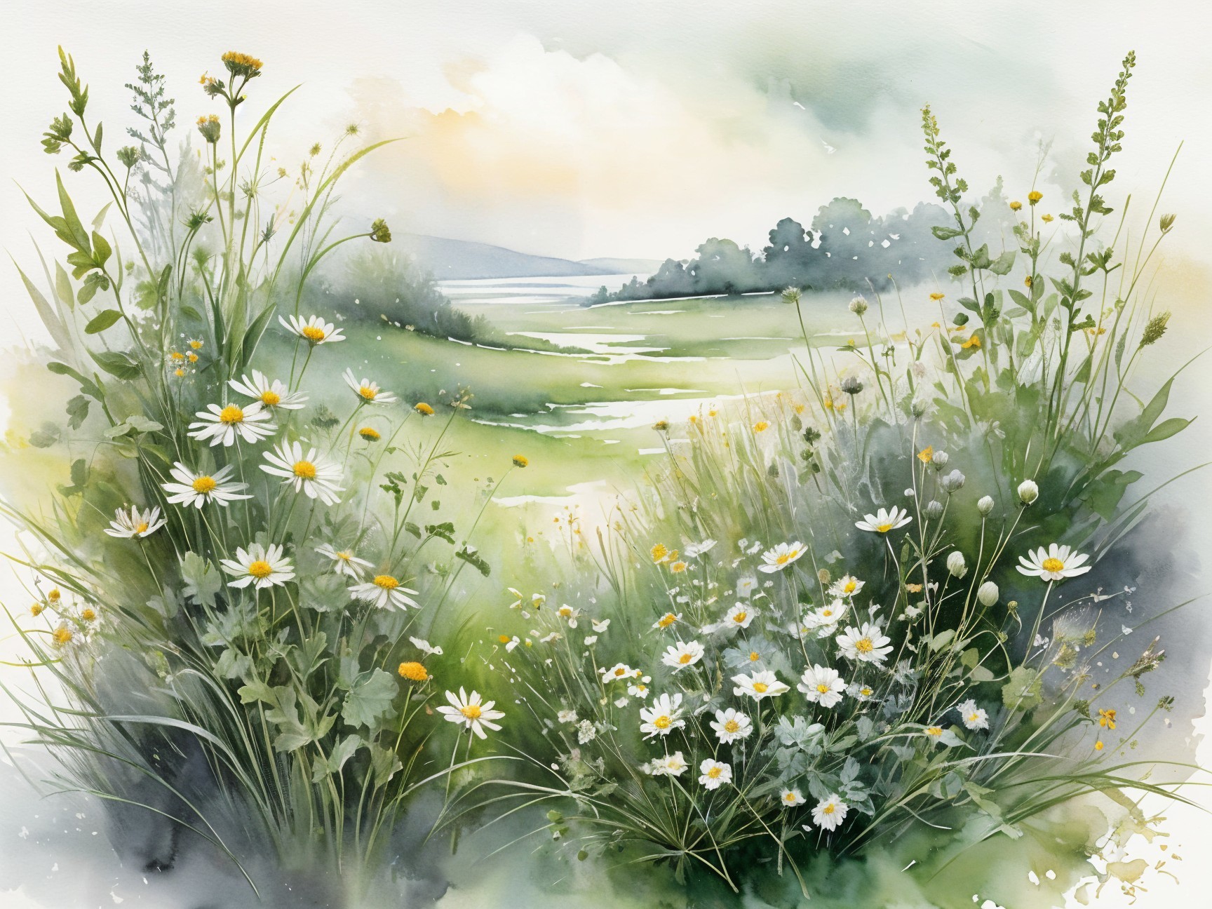 Serene Landscape with Wildflowers and Pastel Sky