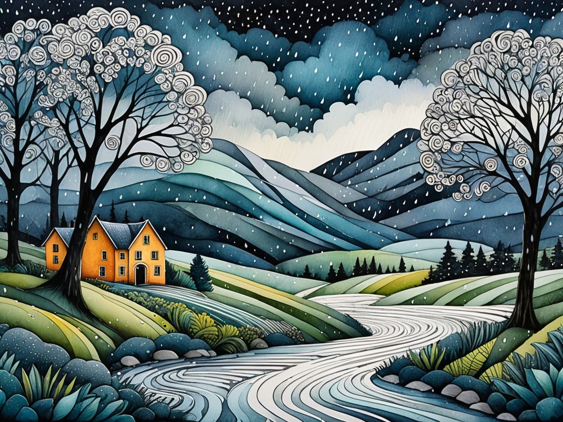 Tranquil Landscape with Hills, River, and Snowflakes