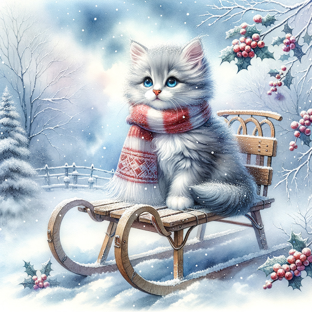 Gray Kitten on Wooden Sled in Winter Wonderland Scene
