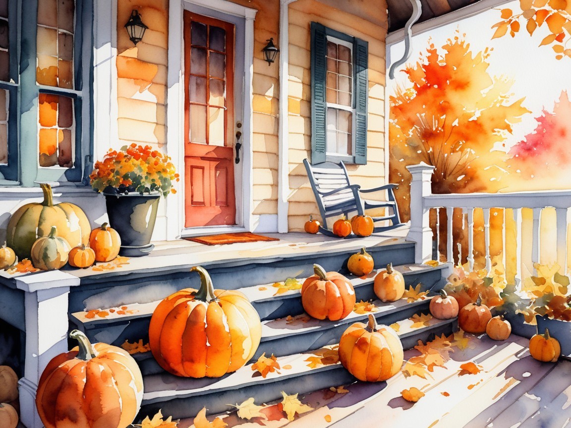 Cozy Autumn Porch with Pumpkins and Fall Decor