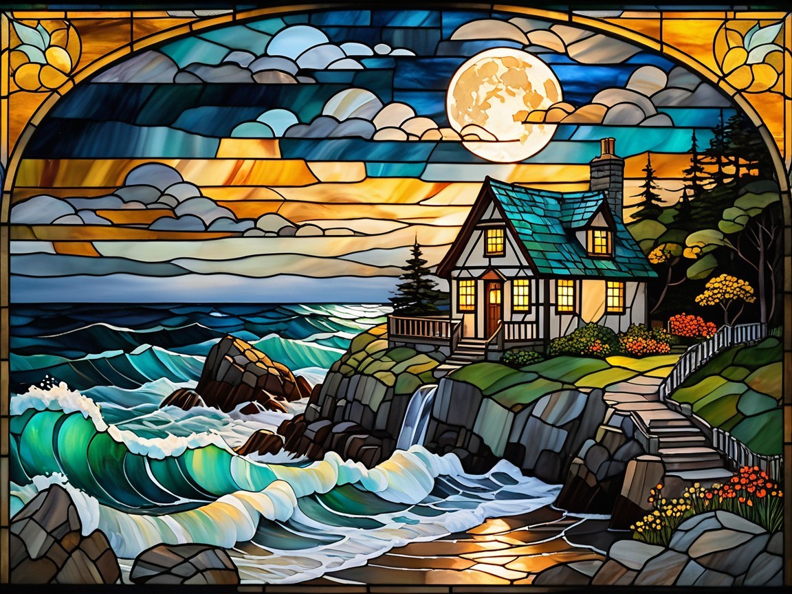 Stained Glass Window of Coastal Scene with House and Moon