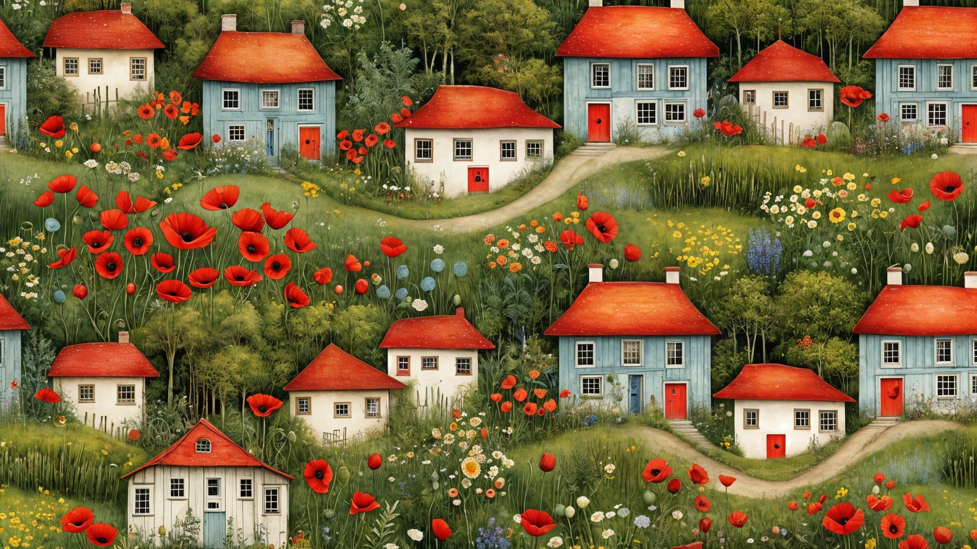 Charming Countryside Scene with Colorful Houses and Hills