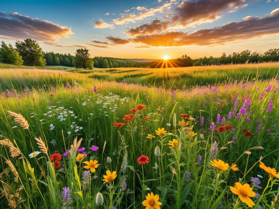 Vibrant Meadow with Wildflowers at Sunset