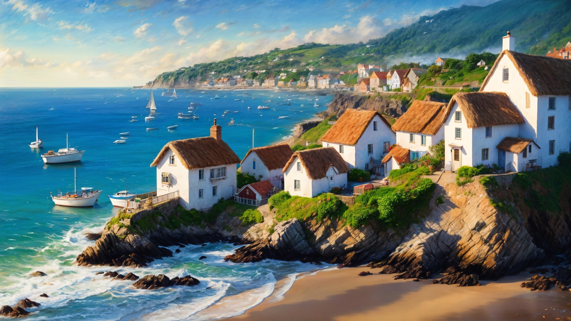 Coastal Scene with Cottages and Sailboats by Shore