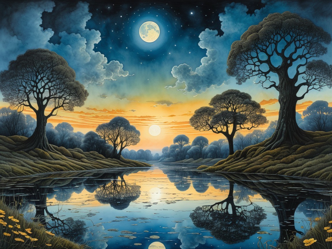 Tranquil River Landscape at Twilight with Moonlight