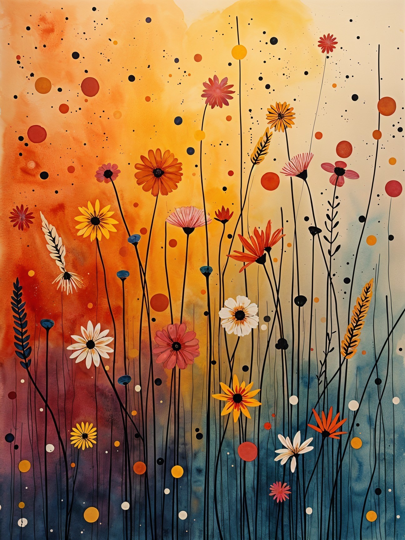 Vibrant Watercolor of Wildflowers in Warm Colors