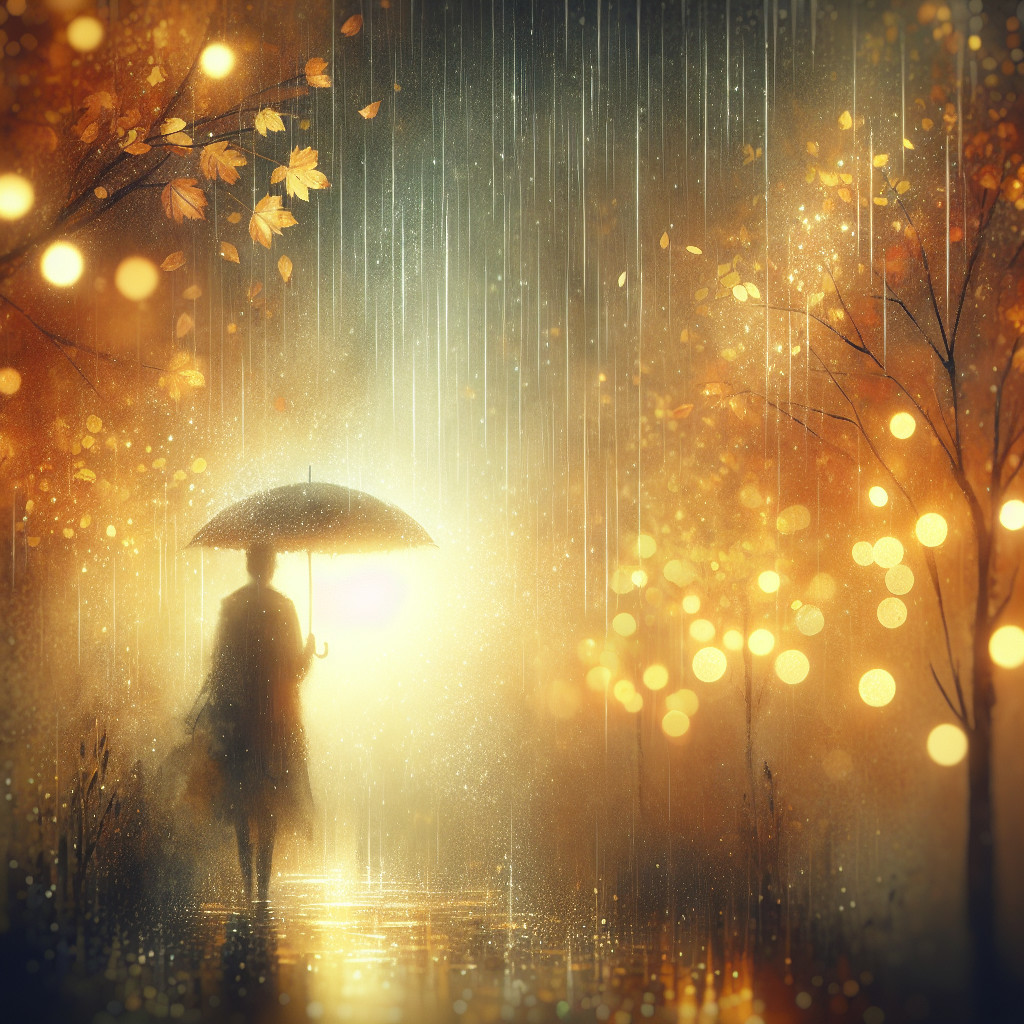 Solitary Figure Under Umbrella in Autumn Scene