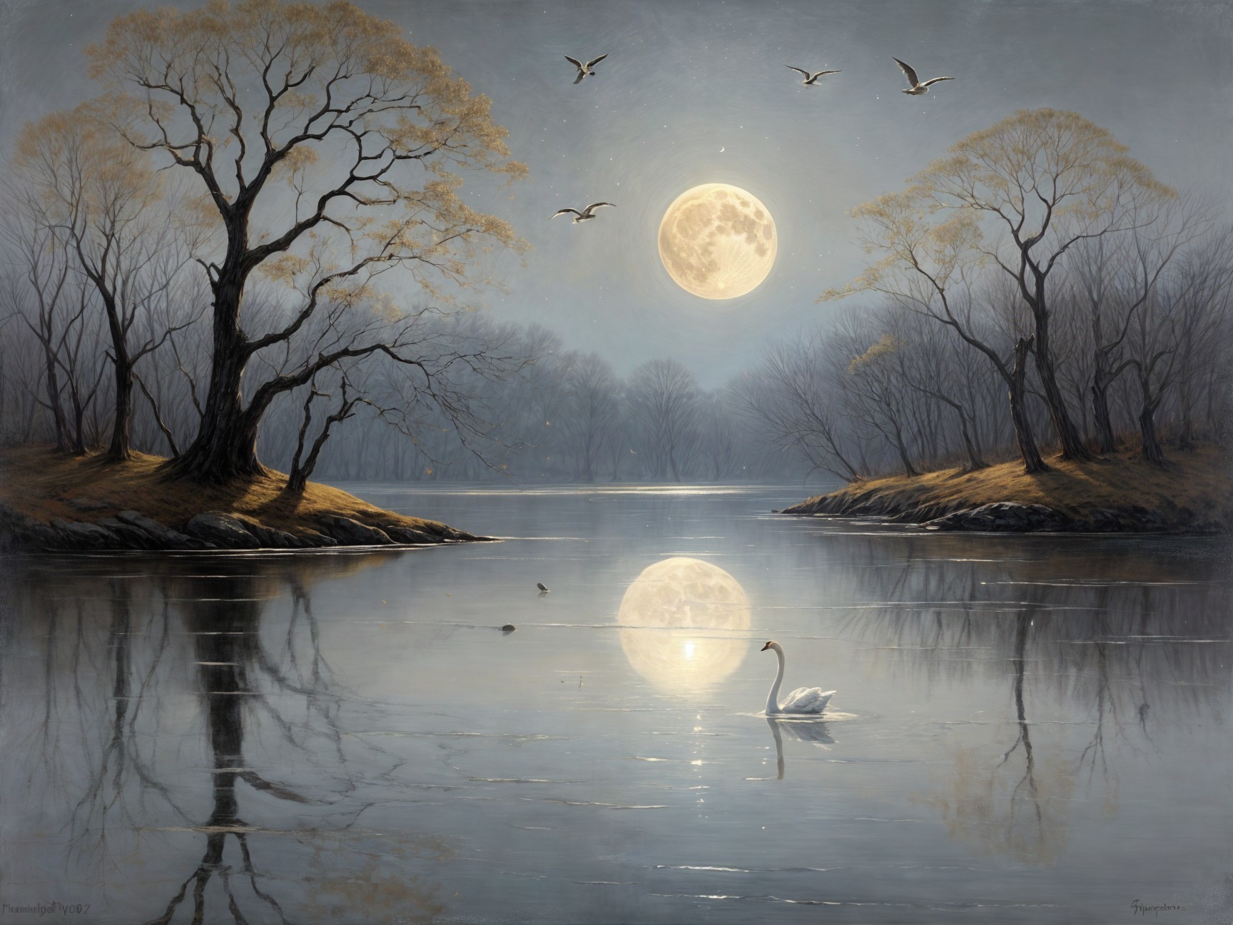Tranquil River Landscape with Moonlit Reflection
