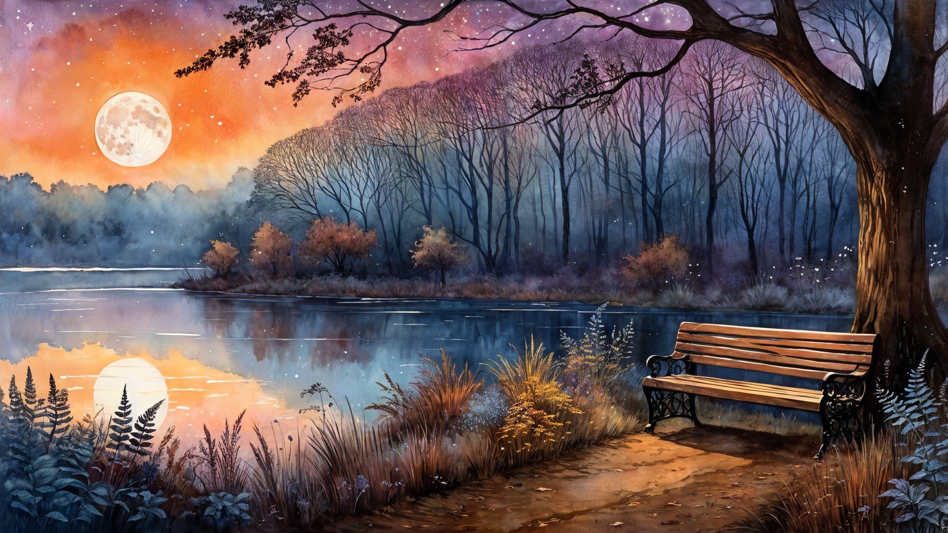 Twilight Serenity at a Lake Side Bench Beside Calm Waters 