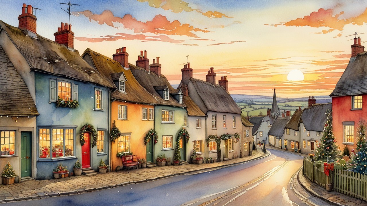 Picturesque Village Street at Sunset with Cottages