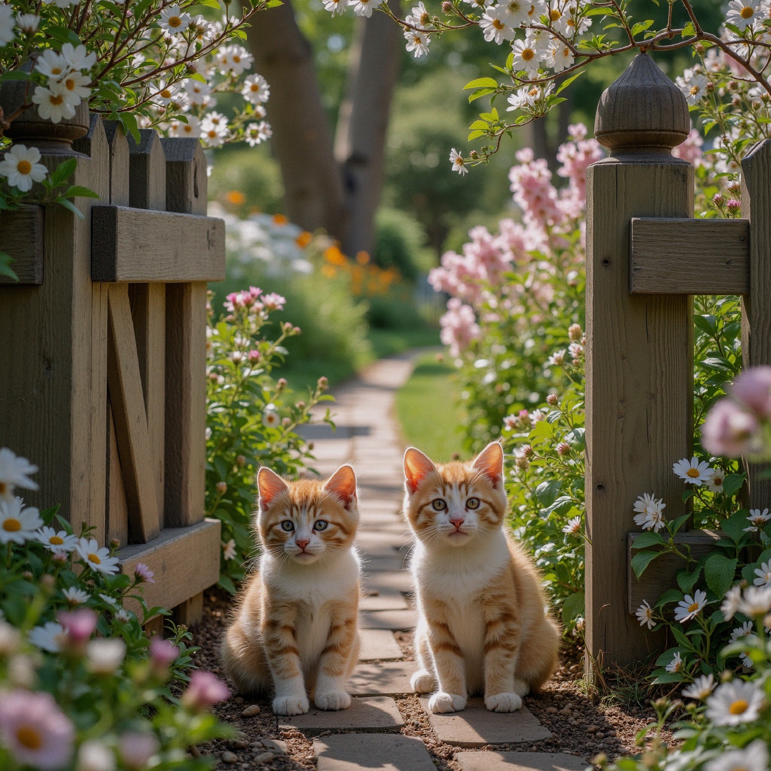 Orange Tabby Kittens on Cobblestone Path in Garden