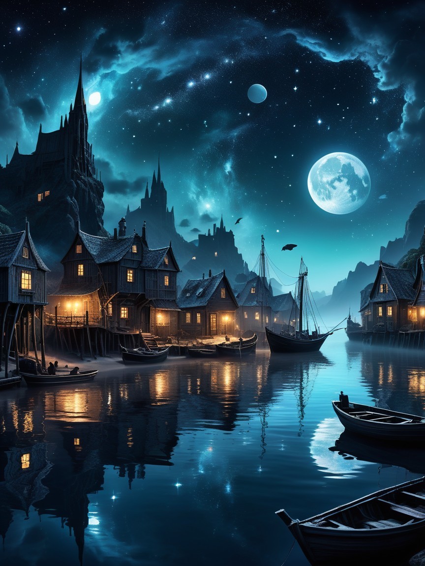 Tranquil Bay Night Scene with Wooden Houses and Castles