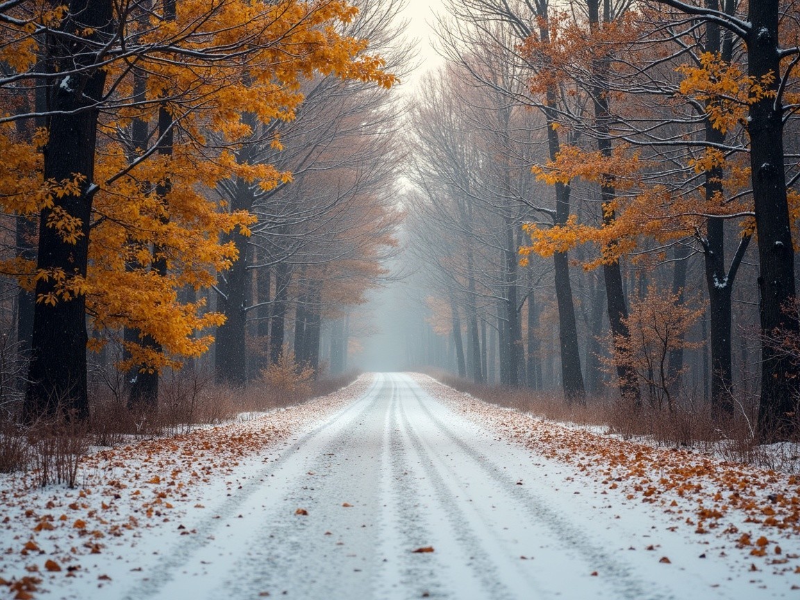 Winter Road Through Snowy Forest with Autumn Leaves