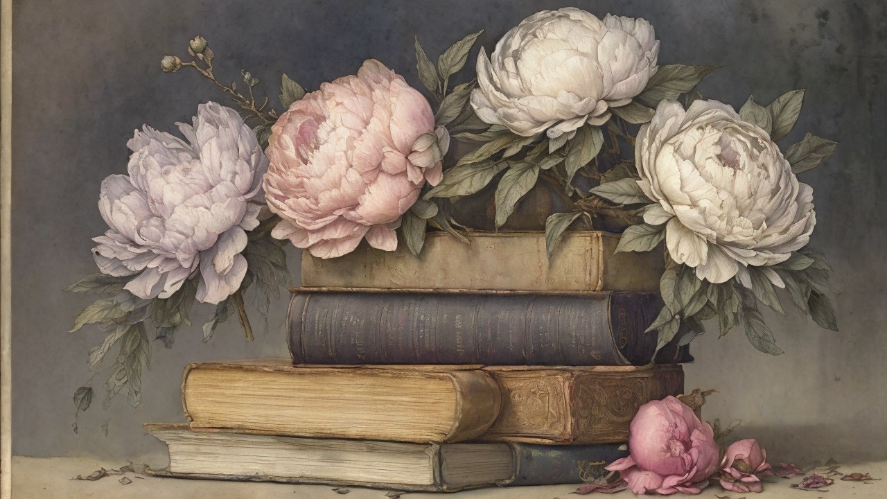 Still Life of Vintage Books and Pastel Peonies