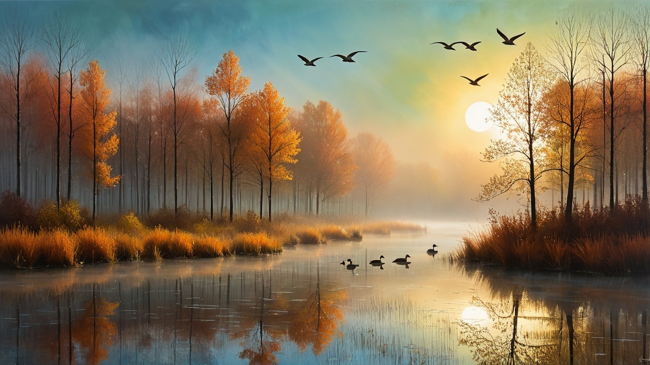 Tranquil Autumn Landscape with Pond and Wildlife