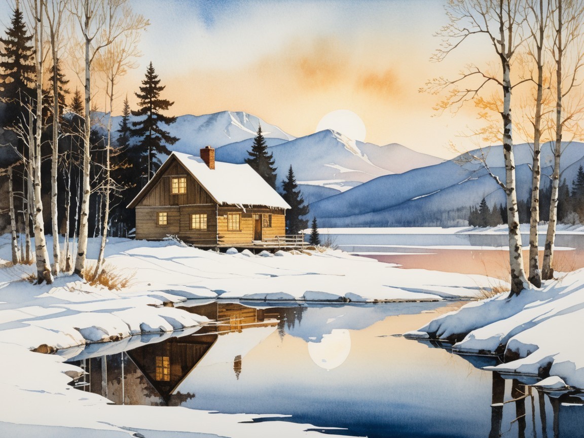 Winter Landscape with Cabin and Frozen Lake Reflection